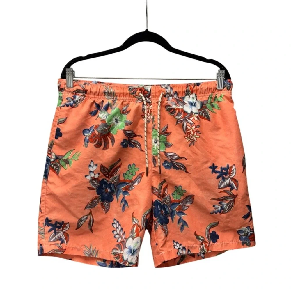 Tommy Bahama Relax Mens Orange Tropical Floral Mesh Lined Swim Trunks Size Med